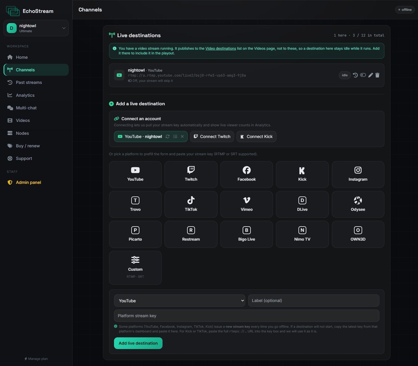 The Channels page. Each destination can be switched off without being removed.