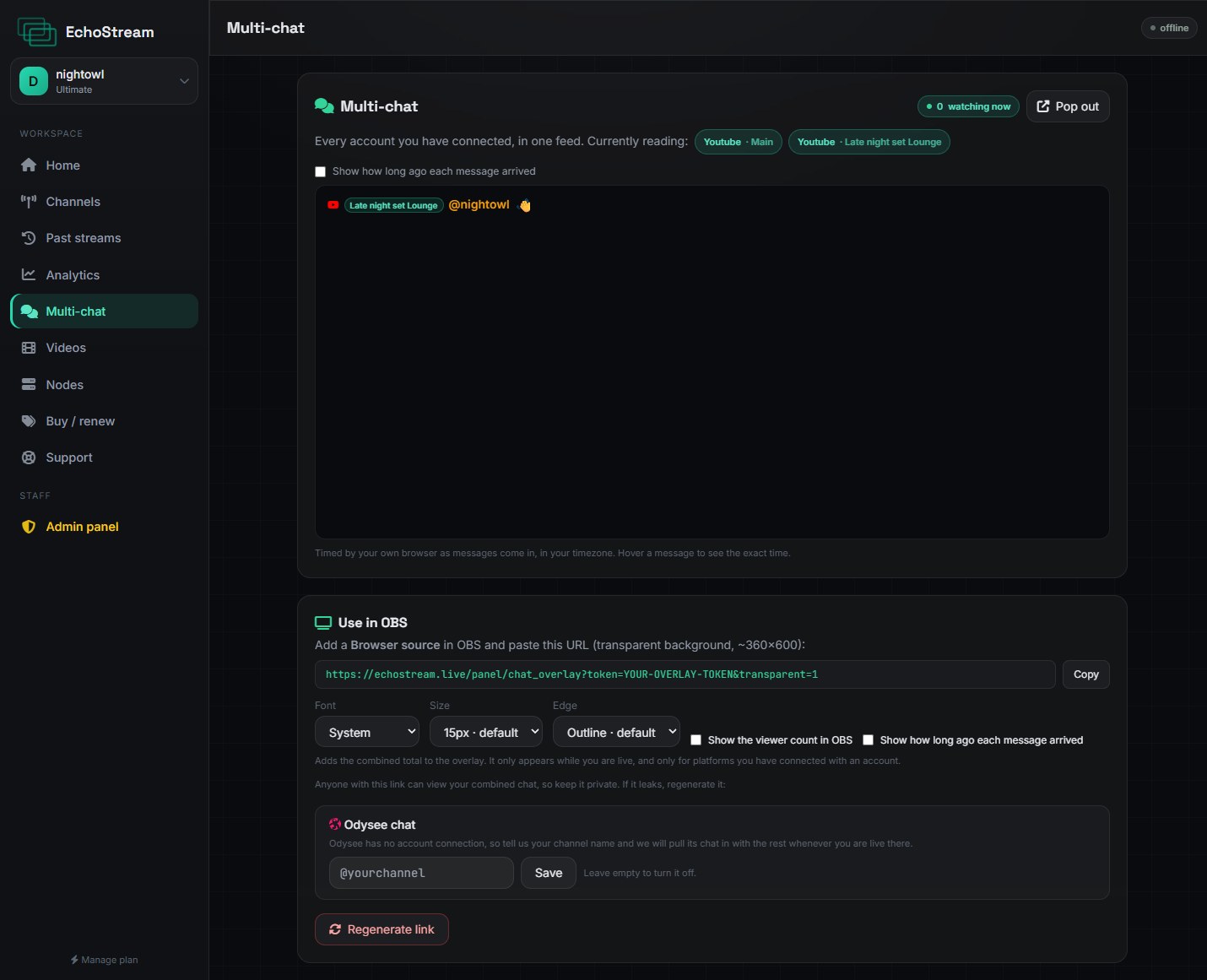 Multi-chat, with the OBS overlay link and its options underneath. The controls build the URL for you.